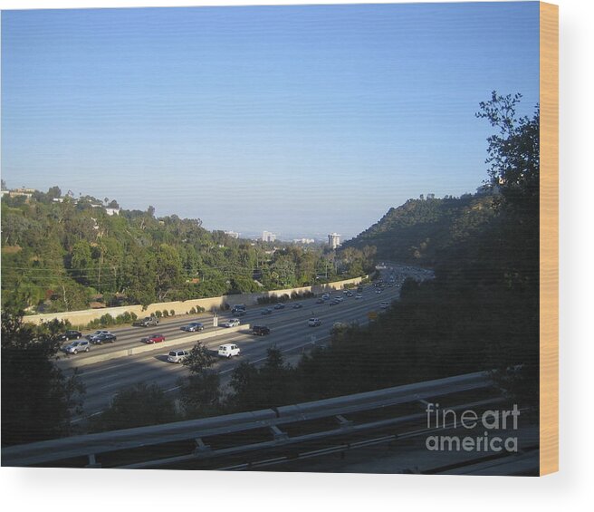 Los Angeles Wood Print featuring the photograph Los Angeles Westside View 405 Freeway High Rise Buildings Typical Sunny Day 2008 at Sunset by John Shiron