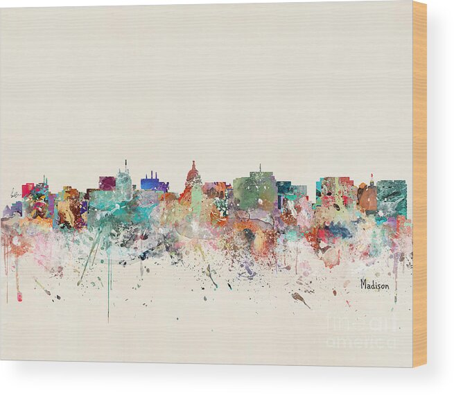 Madison Wood Print featuring the painting Madison Wisconsin Skyline by Bri Buckley