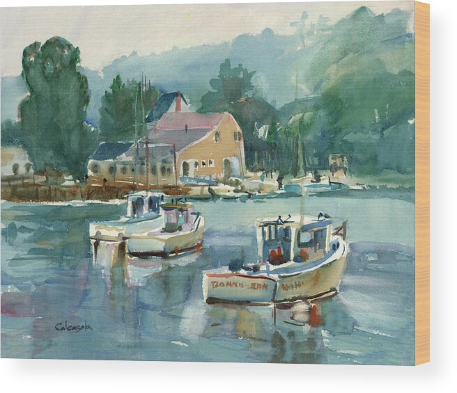 Landscapes Seascapes Wood Print featuring the painting Maine Lobster Boats by Stephen Calcasola