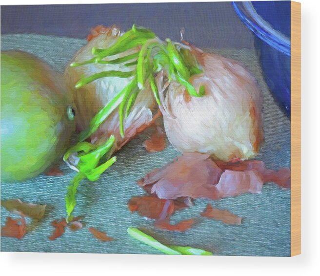 Kitchen Wood Print featuring the mixed media Mango and Two Onions by Lynda Lehmann
