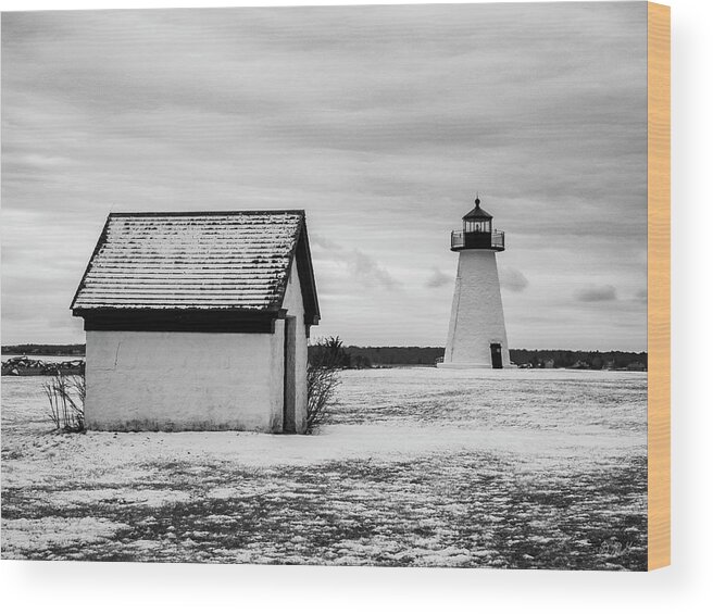 Ned Point Lighthouse Wood Print featuring the photograph Neds Point Lighthouse Mattapoisett MA BW by David Gordon
