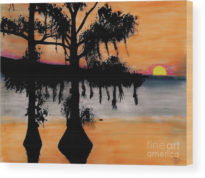 Sunset Wood Print featuring the drawing Orange Cypress Sunset by D Hackett