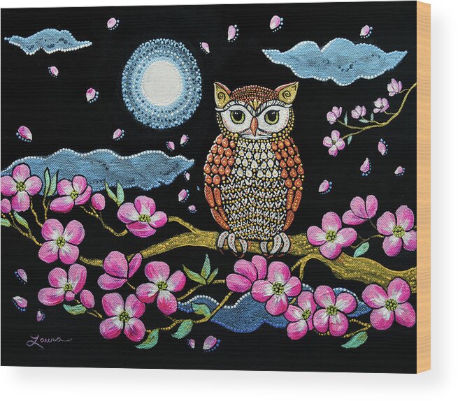 Owl Wood Print featuring the painting Owl in Dogwood Blossoms by Laura Iverson