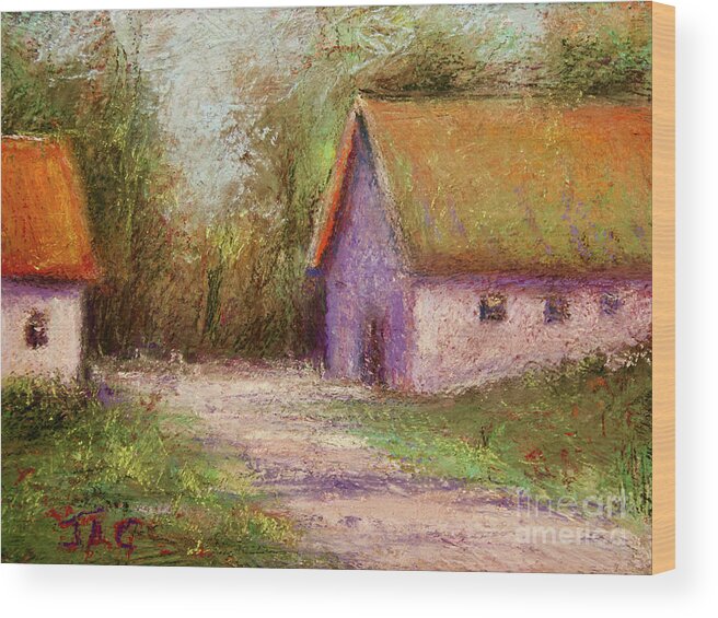 Landscape Wood Print featuring the painting Path between two sheds by Joyce Guariglia
