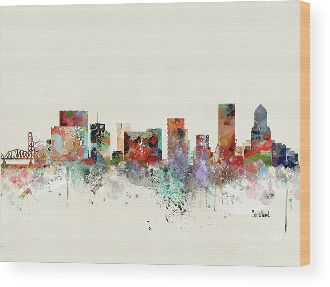 Portland Wood Print featuring the painting Portland Oregon Skyline by Bri Buckley
