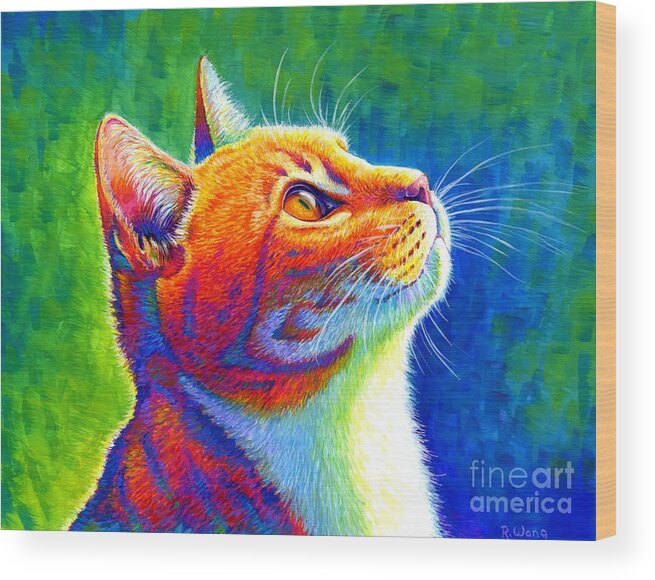 Cat Wood Print featuring the painting Anticipation - Psychedelic Rainbow Tabby Cat by Rebecca Wang