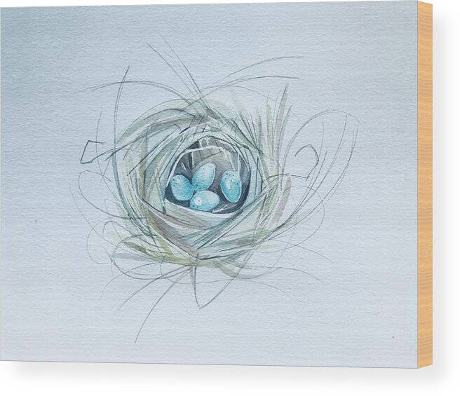 Robin Wood Print featuring the painting Robins nest by Luisa Millicent