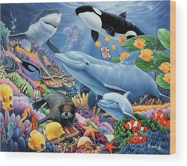 Sealife Wood Print featuring the painting Sealife by Jenny Newland