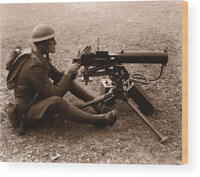 Headwear Wood Print featuring the photograph Soldier Aiming Machine Gun B&w Sepia by Fpg
