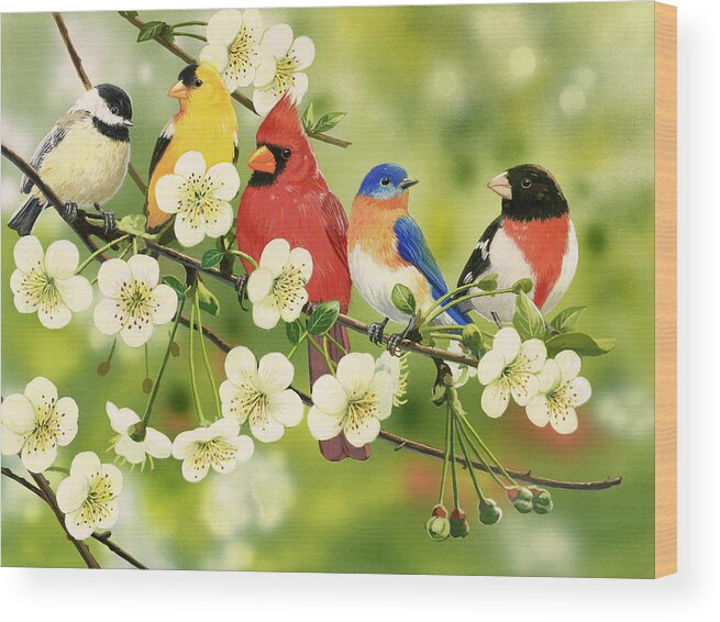 Birds Wood Print featuring the painting Songbirds On A Flowering Branch by William Vanderdasson