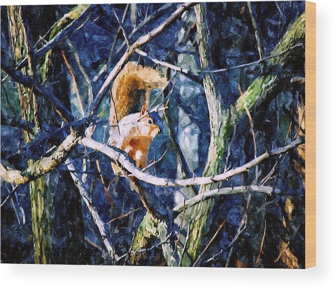 Squirrel Wood Print featuring the mixed media Squirrel in the Trees by Christopher Reed