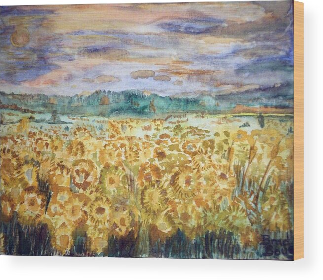 Flowers Sun Flowers Nature Bright Purple Yellow Landscape Night Sunset Beautiful Wood Print featuring the painting Sunflowers at Night by Bradley Boug