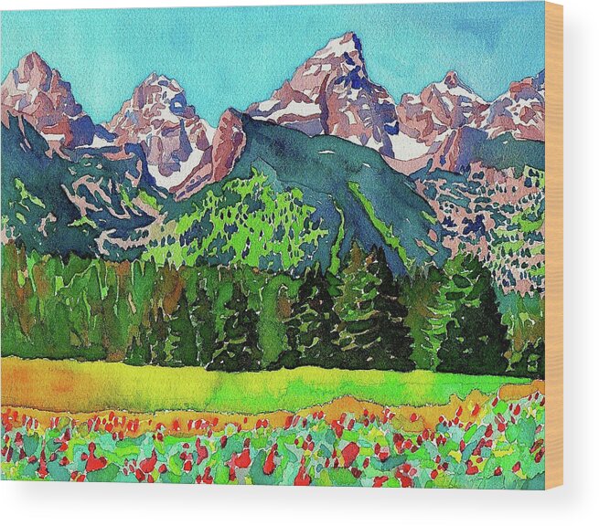 Tetons Wood Print featuring the painting Teton Wildflowers by Dan Miller
