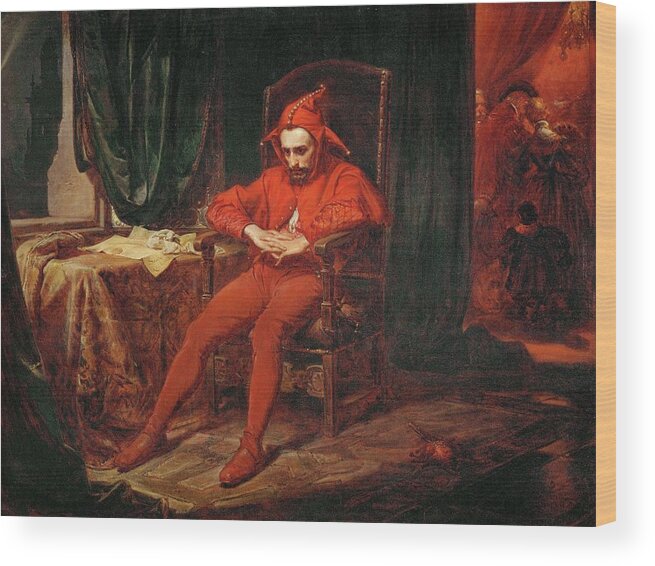Jan Matejko Wood Print featuring the painting The court jester Stanczyk receives news of the loss of Smolensk -1514-. by Jan Matejko