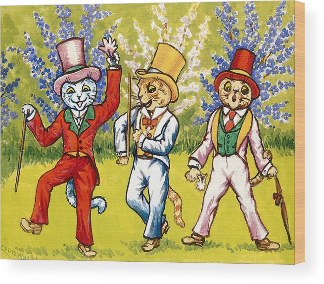 Cats Wood Print featuring the painting Three cats performing a song and dance act by Louis Wain