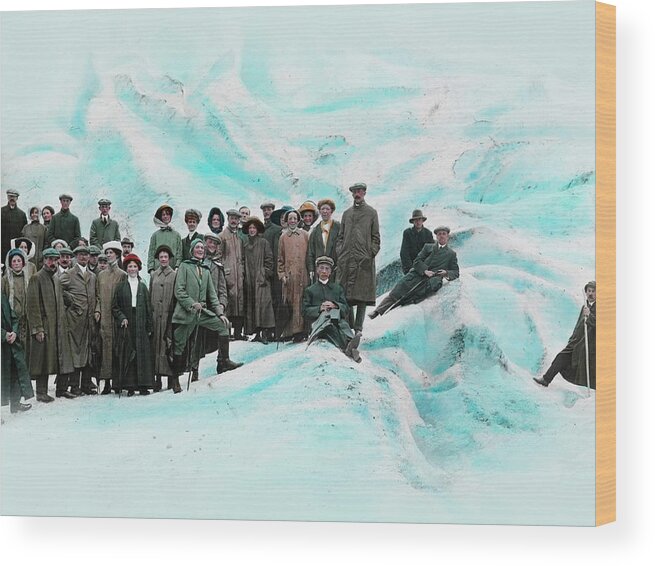 Old Wood Print featuring the painting Tourists on glacier by Fylkesarkivet i Sogn og Fjordane