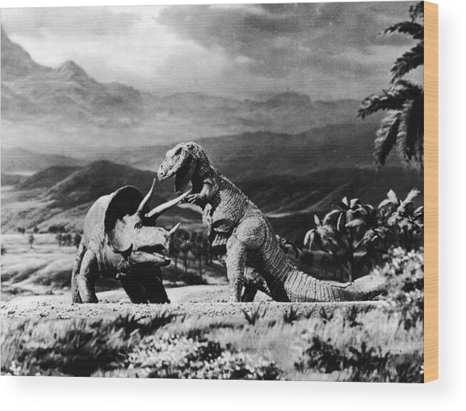 Tyrannosaurus Rex Wood Print featuring the photograph Triceratops & Tyrannosaurus by American Stock Archive