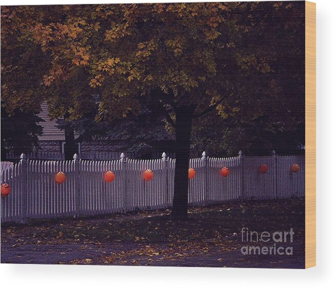 Halloween Wood Print featuring the photograph Trick or Treat Trail Pumpkins White Picket Fence Autumn Tree by Frank J Casella