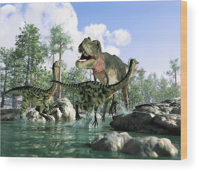 Prehistoric Era Wood Print featuring the digital art Tyrannosaurus Rex Hunting, Artwork by Science Photo Library - Leonello Calvetti
