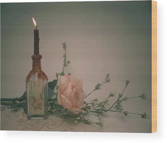 Bud Wood Print featuring the photograph Vintage Candle With Rose by Copyright Dan Smith