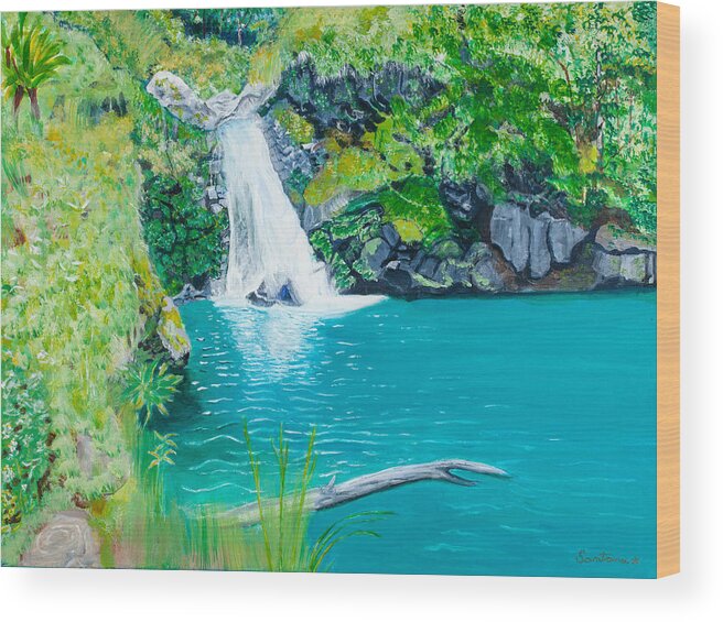 Waterfall Pool Hawaii Nature Landscape Peaceful Wood Print featuring the painting Water Fall Pool 18x24 by Santana Star