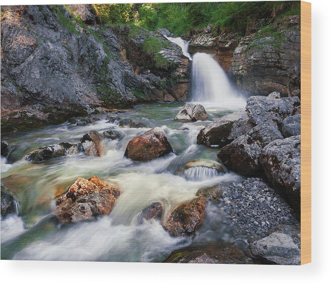 Scenics Wood Print featuring the photograph Waterfall During Summer by Maximilian Zimmermann, Germany