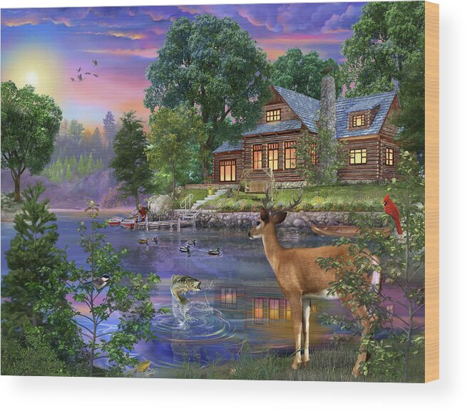 White Tail Deer Lakehouse Wood Print featuring the painting White Tail Deer Lakehouse by Bigelow Illustrations