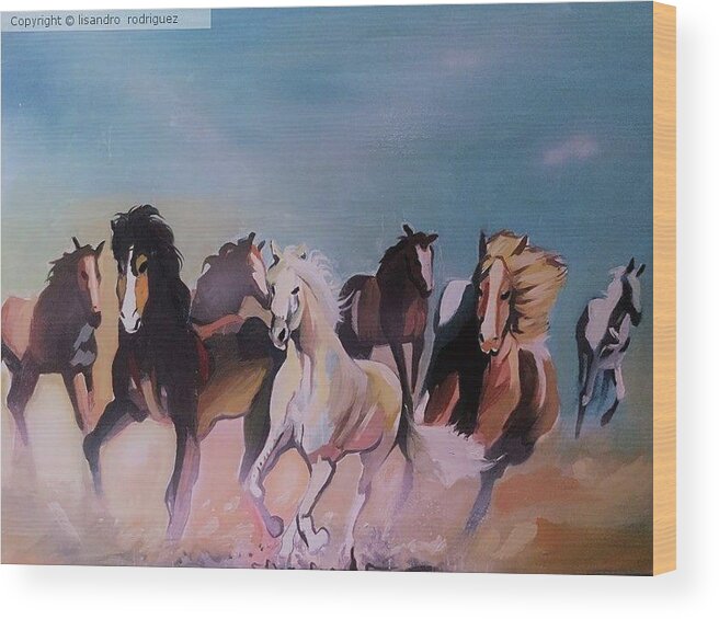  Wood Print featuring the painting Wild Horses by Lisandro Rodriguez