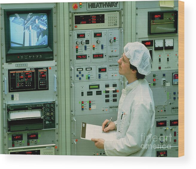 Optical Fibre Wood Print featuring the photograph Worker & Control Panel In An Optical Fibre Factory by Maximilian Stock Ltd/science Photo Library