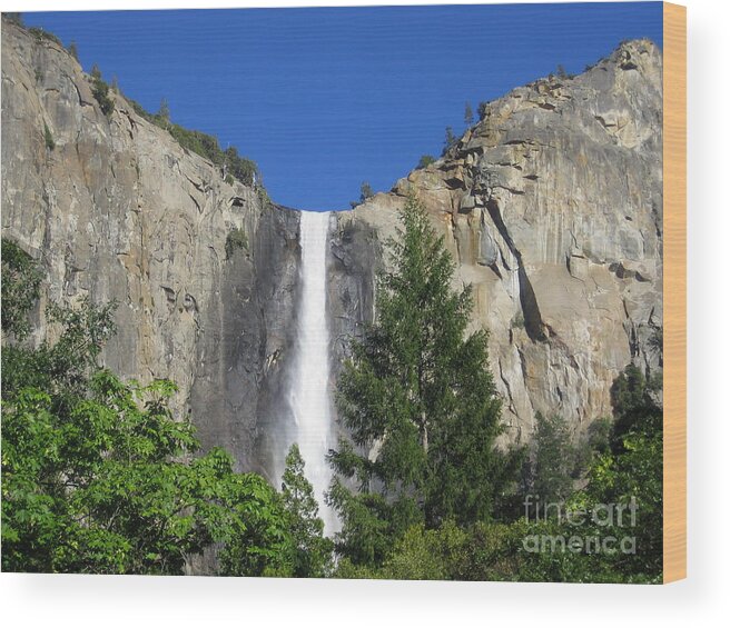 Yosemite Wood Print featuring the photograph Yosemite National Park Bridal Veil Falls Waterfall Close Up View with Clear Blue Sky by John Shiron