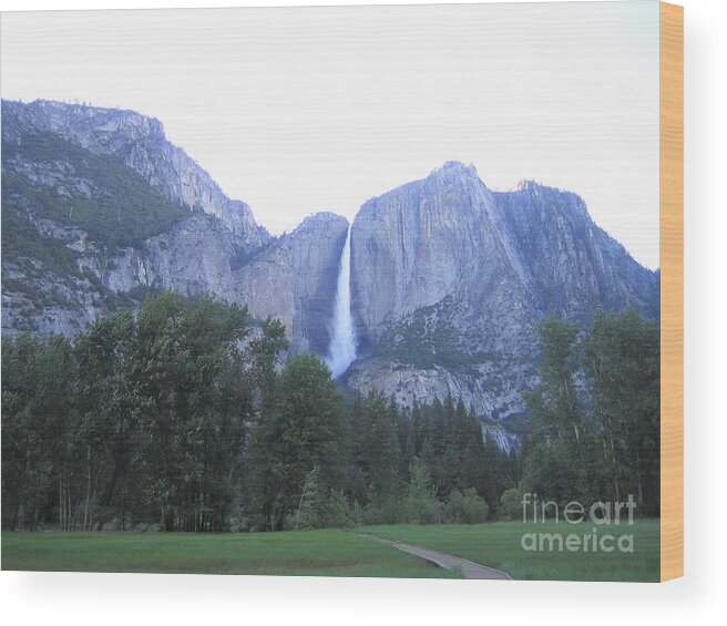 Yosemite Wood Print featuring the photograph Yosemite National Park Waterfall at Sundown Mountain Range by John Shiron