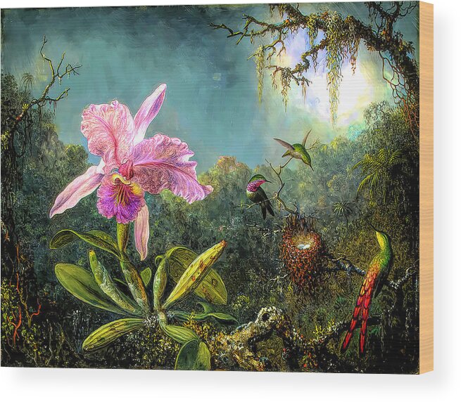 Cattleya Orchid And Three Brazilian Hummingbirds Wood Print featuring the painting Cattleya Orchid and Three Brazilian Hummingbirds by Martin Johnson Heade