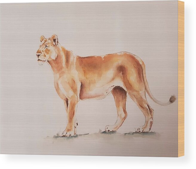 Cat Wood Print featuring the painting Lioness #1 by Ilona Petzer