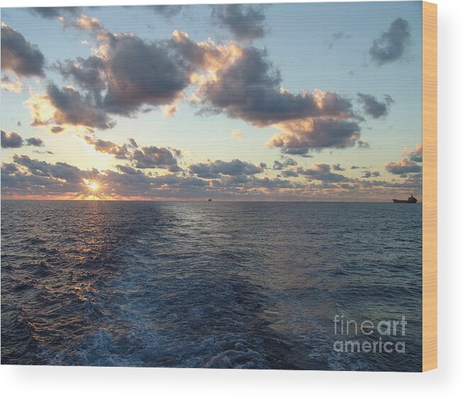 #gulfofmexico #underway #highseas #evening #dusk #sunset #nightfall #clouds #cloudy #tealskies #peachskies #wake #sprucewoodstudios Wood Print featuring the photograph Trails in the Sea by Charles Vice