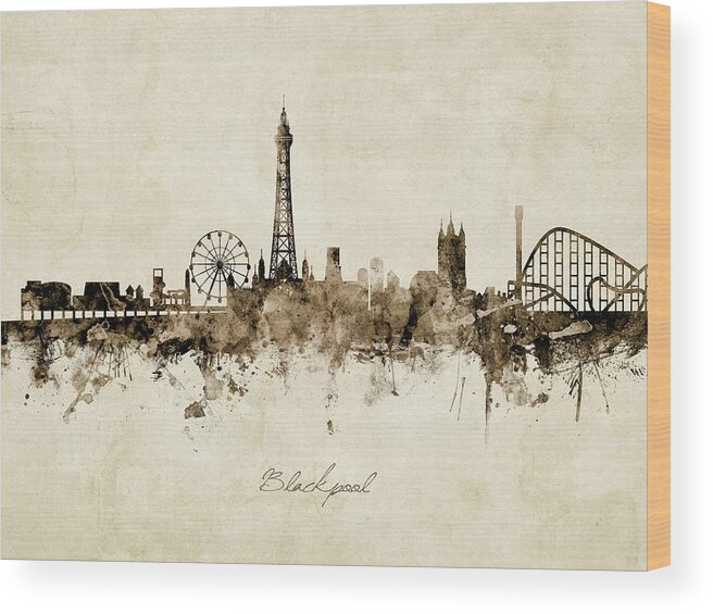 Blackpool Wood Print featuring the digital art Blackpool England Skyline #12 by Michael Tompsett