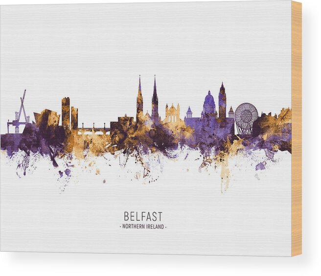 Belfast Wood Print featuring the digital art Belfast Northern Ireland Skyline #13 by Michael Tompsett