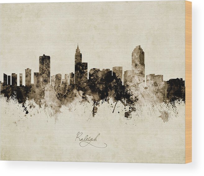 Raleigh Wood Print featuring the digital art Raleigh North Carolina Skyline #14 by Michael Tompsett