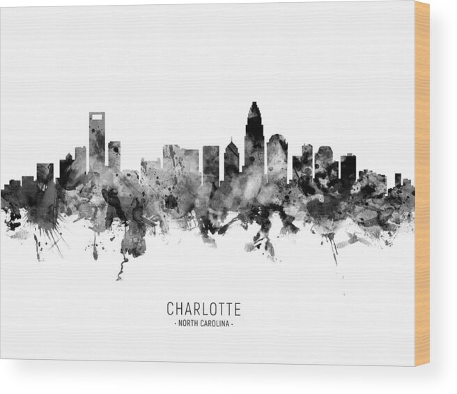 Charlotte Wood Print featuring the digital art Charlotte North Carolina Skyline #17 by Michael Tompsett
