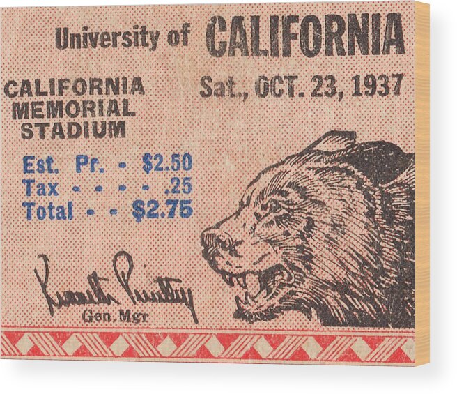 California Wood Print featuring the mixed media 1937 Cal Bears Football Ticket Remix Art by Row One Brand