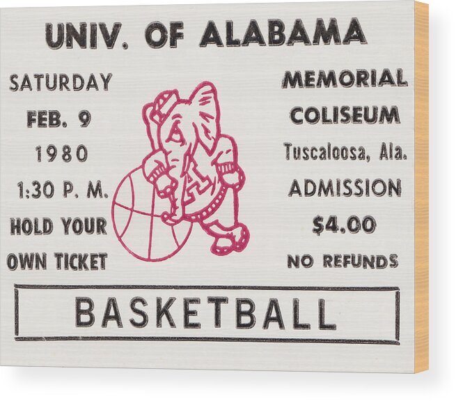 Alabama Wood Print featuring the mixed media 1980 Alabama Basketball Ticket Stub Art by Row One Brand