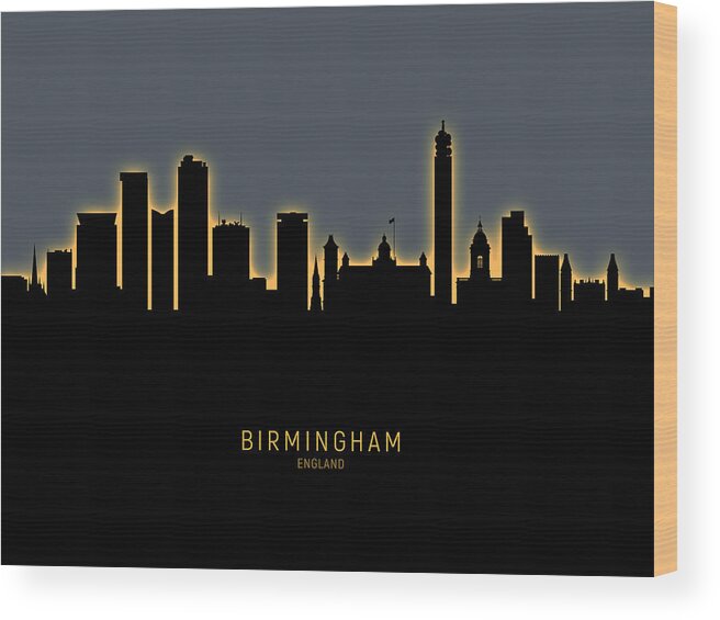 Birmingham Wood Print featuring the digital art Birmingham England Skyline #25 by Michael Tompsett