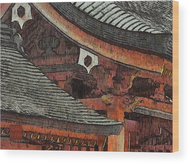 Architecture Wood Print featuring the mixed media 251 Rain Muted Roof Gables, Sumiyoshi Taisha Shrine, Osaka, Japan by Richard Neuman Architectural Gifts