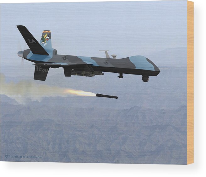 Reaper Wood Print featuring the digital art MQ-9 Reaper Firing Hellfire Missile by Custom Aviation Art