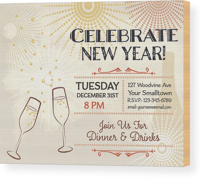 Holiday Wood Print featuring the drawing New Year's Eve Party Invitation Template #4 by Diane Labombarbe