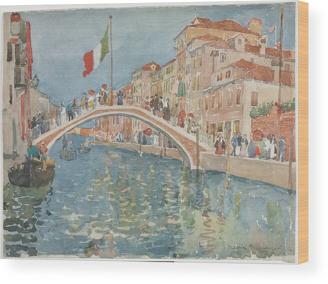 A Bridge In Venice 1899 Maurice Prendergast American 1858 To 1924 Wood Print featuring the painting A Bridge in Venice 1899 Maurice Prendergast American 1858 to 1924 by MotionAge Designs