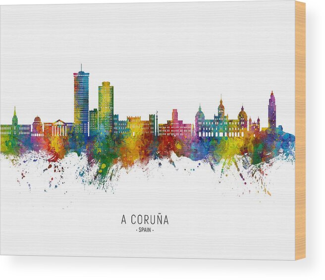 A Coruña Wood Print featuring the digital art A Coruna Spain Skyline #66 by Michael Tompsett