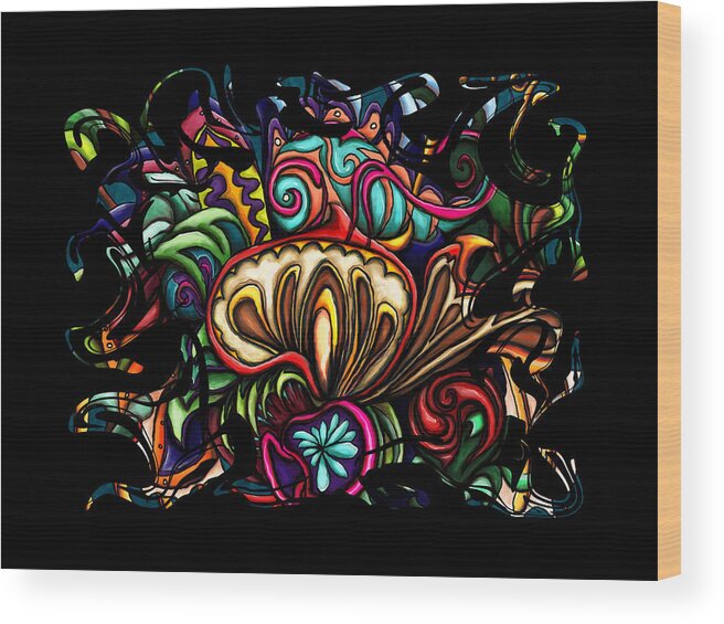 Mushroom Wood Print featuring the painting Abstract chameleon on red mushrooms, swirly colorful by Nadia CHEVREL