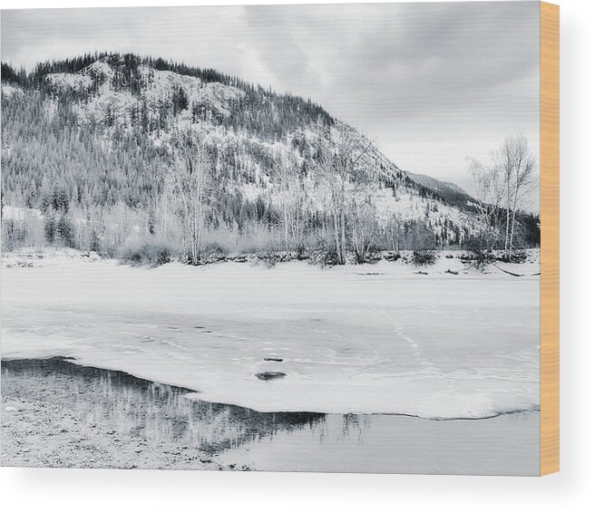 Black And White Photography Wood Print featuring the photograph Across the Shuswap River Winter Black and White by Allan Van Gasbeck