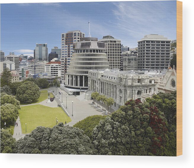 Apartment Wood Print featuring the photograph Aerial view of The Beehive and NZ Parliament House by Lewis Mulatero