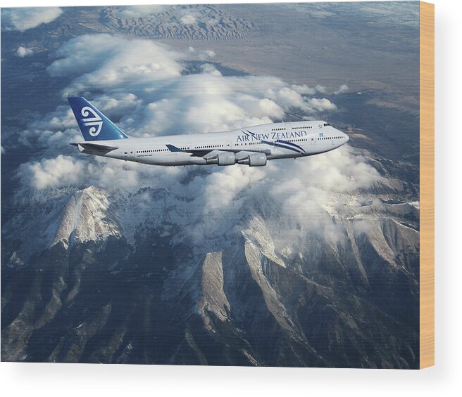 Air New Zealand Airlines Wood Print featuring the mixed media Air New Zealand Boeing 747 by Erik Simonsen
